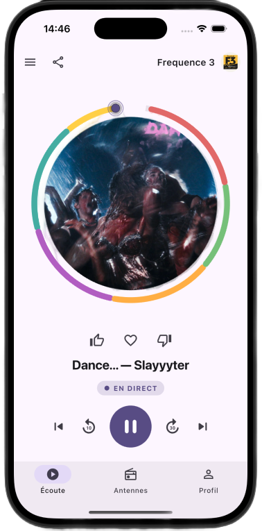 Aperçu de l'application — l'habillage reprend votre logo, vos couleurs et le nom de votre antenne.