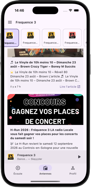 Aperçu de l'application — l'habillage reprend votre logo, vos couleurs et le nom de votre antenne.