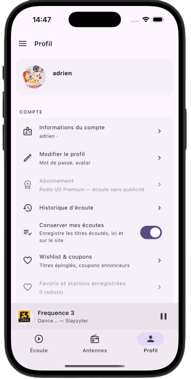 Aperçu de l'application — l'habillage reprend votre logo, vos couleurs et le nom de votre antenne.